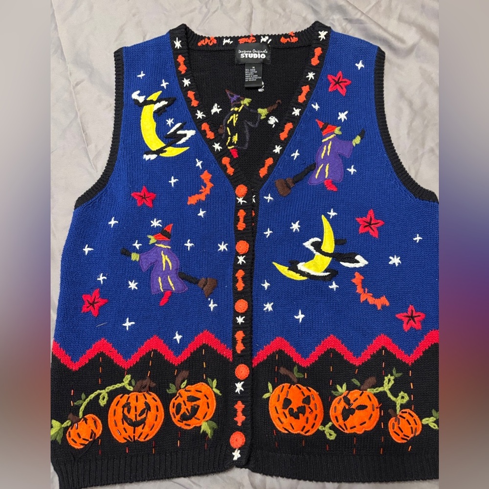 Vintage Halloween Sweater Vest Pumpkin Witch Fall Grandpa Sweater Retro